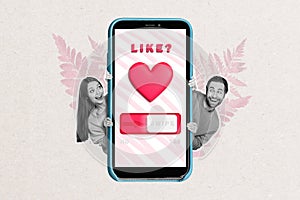 Photo collage artwork minimal picture of smiling happy couple meeting gadget dating application isolated drawing