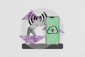 Photo collage artwork picture of excited smiling lady downloading information virtual cloud isolated grey color