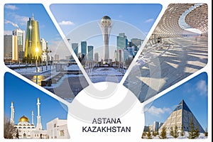 Photo collage from Astana, Kazakhstan. View of Palace of Peace and Accord, Baiterek Tower, Talan Tower, Nur-Astana