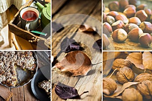 Photo collage, autumn, fall, dry brown red leaves, walnuts hazelnuts, apple cake, mug with red fruit tea, book, cozy atmosphere