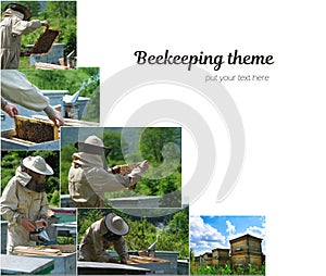 Photo collage on beekeeping theme. Apiary. The beekeeper works in the apiary near the hives with bees. Beekeeping