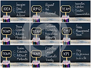 Photo collage of business acronyms written with chalk on wooden mini blackboard labels