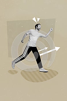 Photo collage cartoon comics sketch picture of funky purposeful guy running fast isolated drawing background