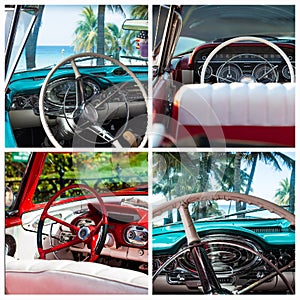 Photo collage from classic cars with interior view in Cuba