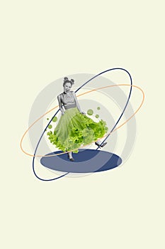 Photo collage composite sketch image of young woman pinup style wear salad vegetable leave instead dress dance celebrate