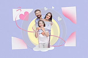 Photo collage composite trend artwork sketch image of happy family young girl preteen cuddling with mom dad bonding