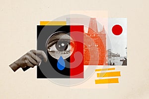 Photo collage creative picture eyeball magnifying lens loop espionage sight supervision urban architecture tourism