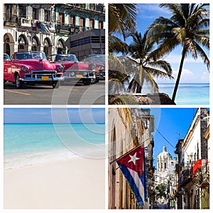 Photo collage Cuba with classic cars beach and Havana