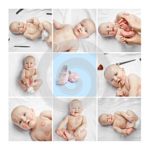 Photo collage Cute happy newborn baby with red lipstick kisses on the skin sitting  on white background, Valentines day