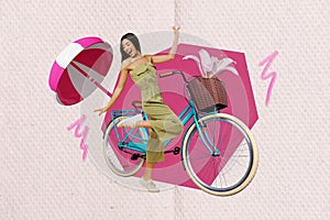 Photo collage design advert rent retro bicycle old nostalgia girl dance have fun resort under sun parasol isolated on