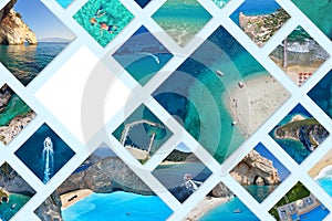 Photo collage Greece. Greek Islands. Zakynthos, Marathonisi, Blue Caves, Navagio Beach.