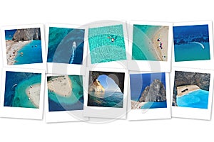 Photo collage Greece. Greek Islands. Zakynthos, Marathonisi, Blue Caves, Navagio Beach. Travel concept