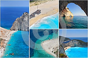 Photo collage Greece. Greek Islands. Zakynthos, Marathonisi, Blue Caves, Navagio Beach. Travel concept