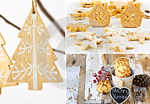 Photo collage, handmade Christmas ornaments, wood fir tree hanging on dry branch, gingerbread and linzer cookies, coconut puffs