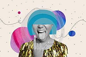 Photo collage of happy joyful lady with blue hair wig brutal showing rock roll gesture protrude tongue isolated on beige photo