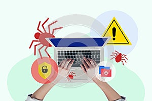 Photo collage illustration internet web security online safety typing laptop pc computer attention sign antivirus bug