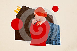 Photo collage illustration sad thoughtful woman think uhappy city ubran apartment building property real estate dilemma