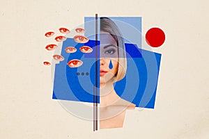 Photo collage illustration young woman suffer espionage many eyes spectate spy privacy violence victim cry tear stressed