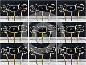 Photo collage of Keep Calm messages written with chalk on mini blackboard labels