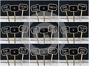 Photo collage of Keep Calm messages written with chalk on mini blackboard labels