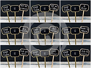 Photo collage of Keep Calm messages written with chalk on mini blackboard labels