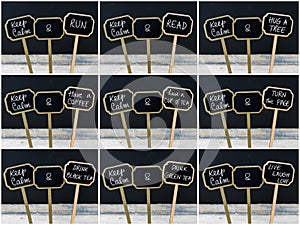 Photo collage of Keep Calm messages written with chalk on mini blackboard labels