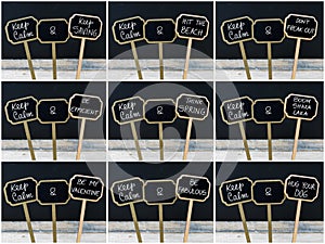 Photo collage of Keep Calm messages written with chalk on mini blackboard labels