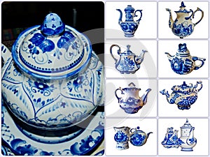 Photo collage of kettles  in Russian traditional Gzhel style on a white isolated background. Gzhel-Russian folk craft of ceramics