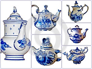 Photo collage of kettles  in Russian traditional Gzhel style on a white isolated background. Gzhel-Russian folk craft of ceramics