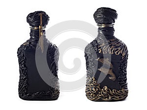 Photo collage of leather decorative bottle or flask for alcohol drinks on white