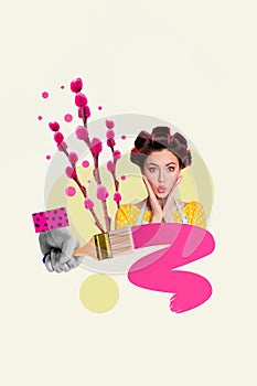 Photo collage metaphor of young charming lady perming her hair preparing date meeting concept painting big brush drawing