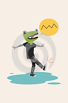 Photo collage picture of funky carefree small boy frog head walking puddle isolated beige color background