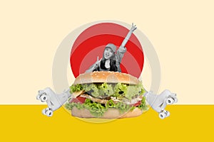 Photo collage picture young girl roller skater huge hamburger sandwich delivery service show victory sign two fingers