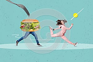 Photo collage picture young running girl escape burger man legs body caricature healthy nutrition avoid calories junk