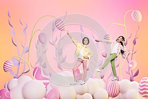 Photo collage picture young woman teen boy walking spring holiday easter concept celebration pink colored eggs