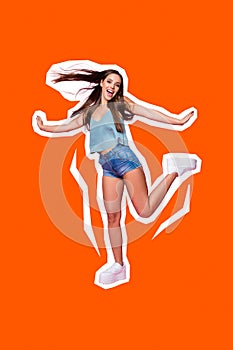 Photo collage poster sticker artwork dancing youngster excited positive woman celebrate wear summertime outfit isolated