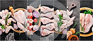 Photo collage Raw chicken and chicken meat