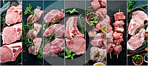 Photo collage Raw meat and steak.