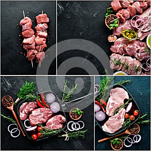 Photo collage Raw meat and steak.