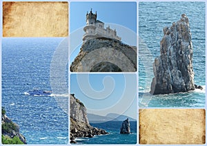 Photo collage rock Sail and Swallow`s nest - Gothic castle over the cliff of the sea, the emblem of the southern coast of Crimea.