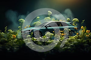 The photo collage shows the preservation of the environment by a car covered with vegetation.