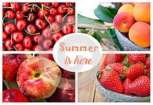 Photo collage, summer berries and fruits, strawberries, sweet cherries with water drops, ripe organic apricots, saturn peach and n