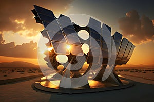Photo collage of sunset and solar panel, photovoltaic, alternative energy source, sustainable resources concept, AI