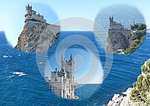 Photo collage Swallow`s nest - Gothic castle over the cliff of the sea, the emblem of the southern coast of Crimea.