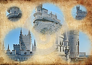 Photo collage Swallow`s nest - Gothic castle over the cliff of the sea, the emblem of the southern coast of Crimea.