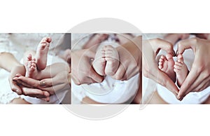 Photo collage of tender photos of cute baby feet in mom's hands