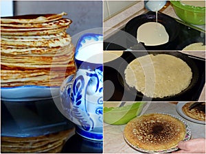 Photo collage Traditional russian blini. Pancakes. Pancake week. Maslenitsa is an Eastern Slavic traditional holiday