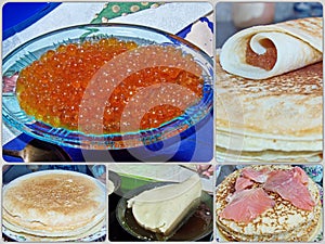 Photo collage traditional russian pancakes. Blini. Pancake week. Maslenitsa is an Eastern Slavic traditional holiday