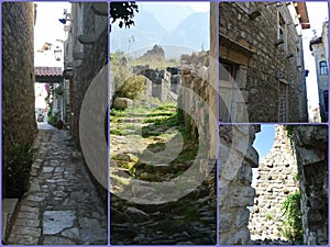Photo collage travel Montenegro. Ruins of the fortress of Stary Bar, Kotor. Can be used for the design of covers, brochures