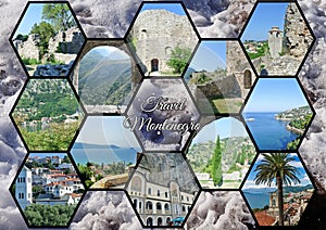 Photo collage travel Montenegro. Ruins of the fortress of Stary Bar, Kotor. Can be used for the design of covers, brochures,flyers